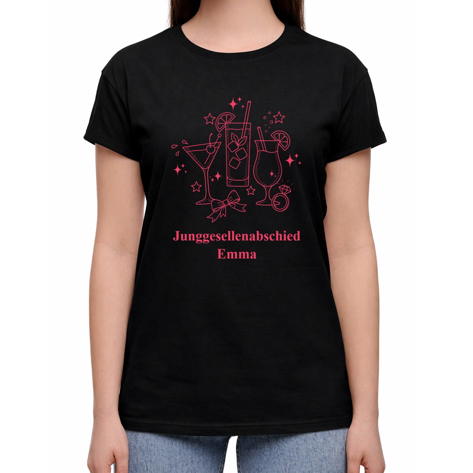 Damen-T-Shirt für einen Junggesellinnenabschied mit der Aufschrift „Bride“ auf der Rückseite