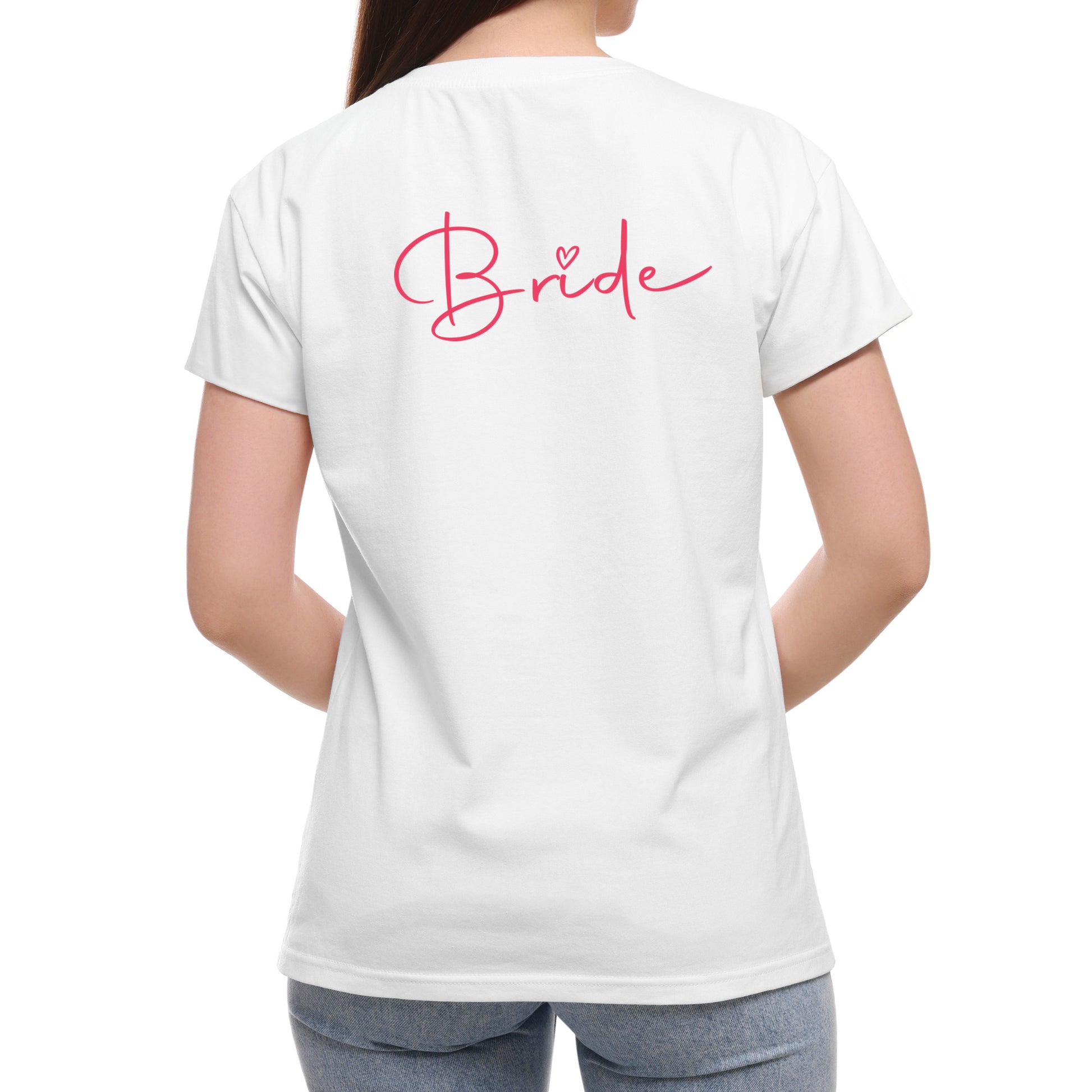 Damen-T-Shirt für einen Junggesellinnenabschied mit der Aufschrift „Bride“ auf der Rückseite