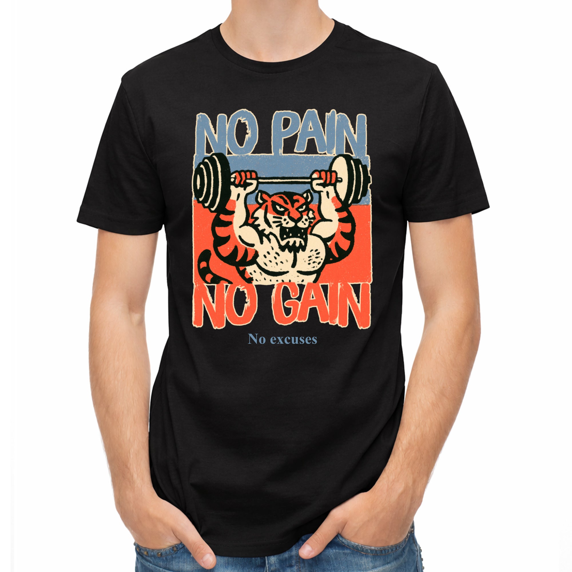 Herren-Fitnessshirt mit „No Pain No Gain“-Aufdruck und Tiger