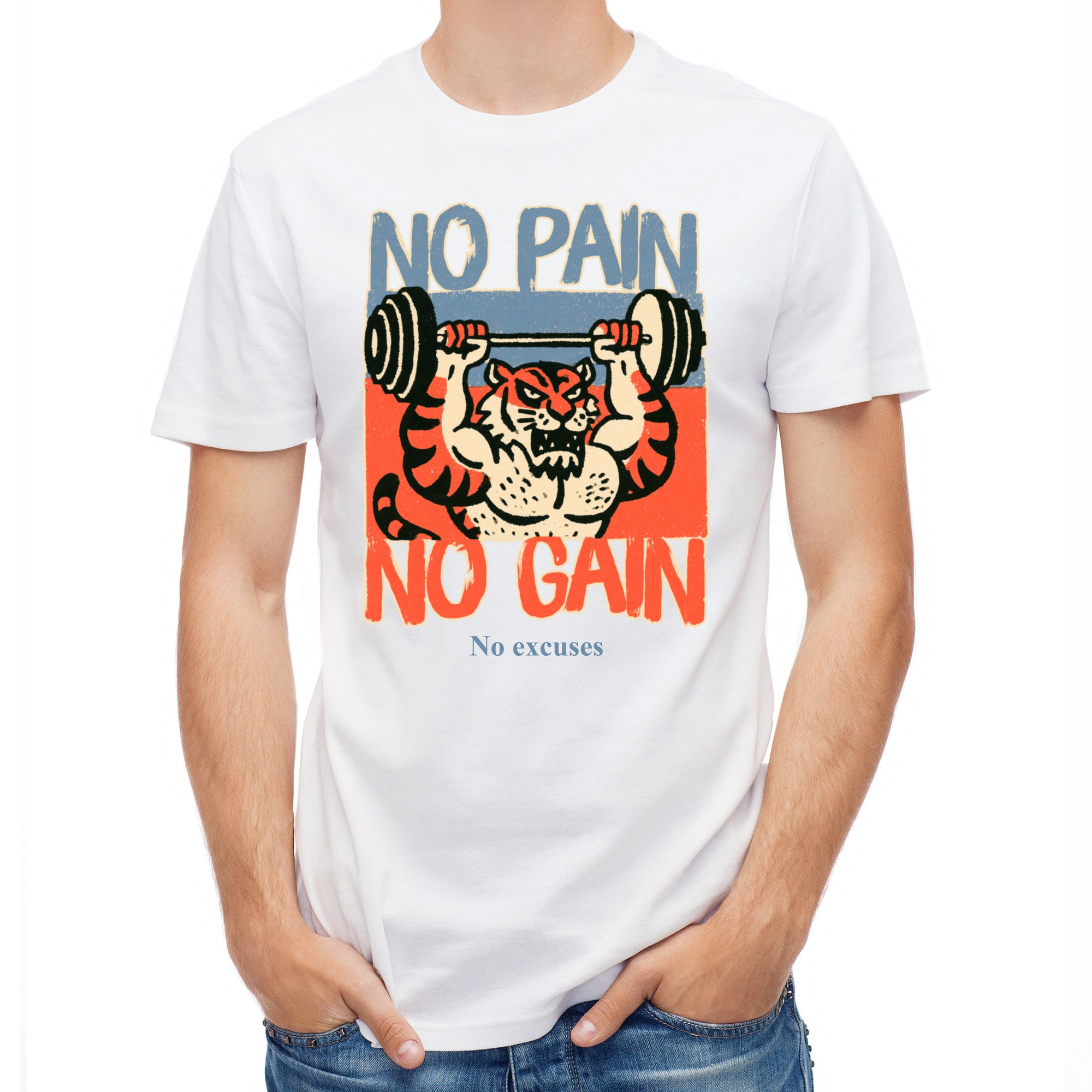 Herren-Fitnessshirt mit „No Pain No Gain“-Aufdruck und Tiger