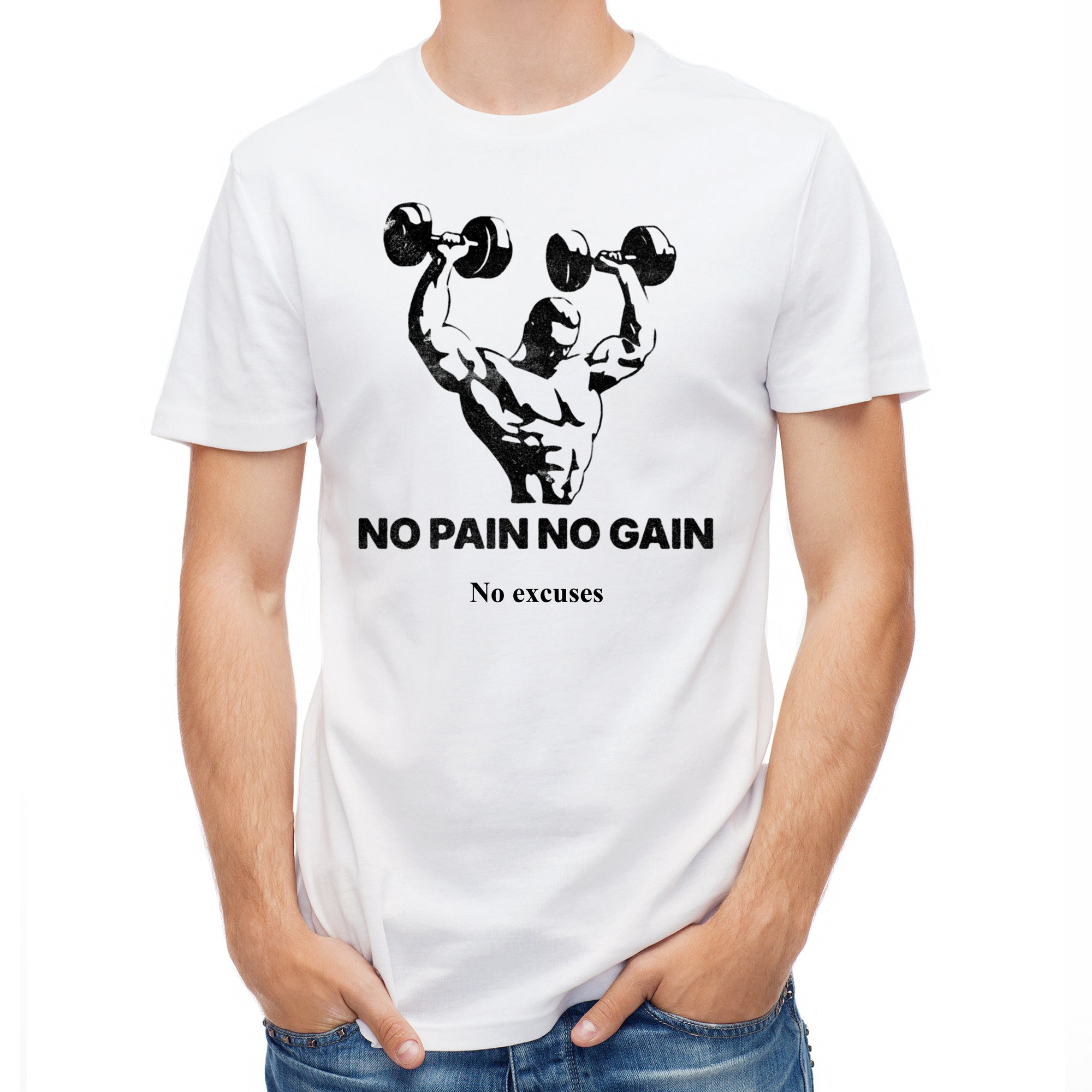 Weißes Herren-Fitnessshirt mit „No Pain No Gain“-Aufdruck