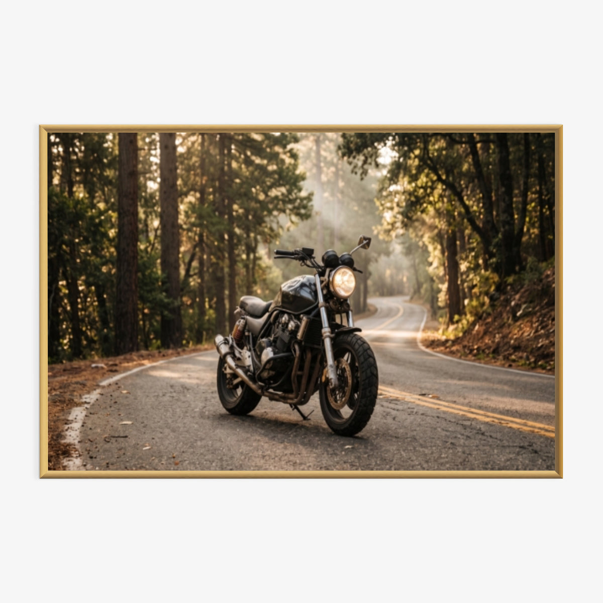 Gerahmtes Querformat-Poster mit Motorrad im künstlerischen Stil