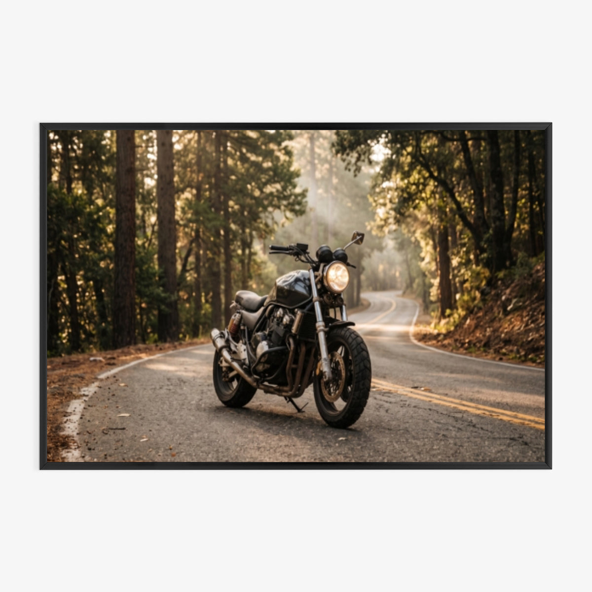 Gerahmtes Querformat-Poster mit Motorrad im künstlerischen Stil