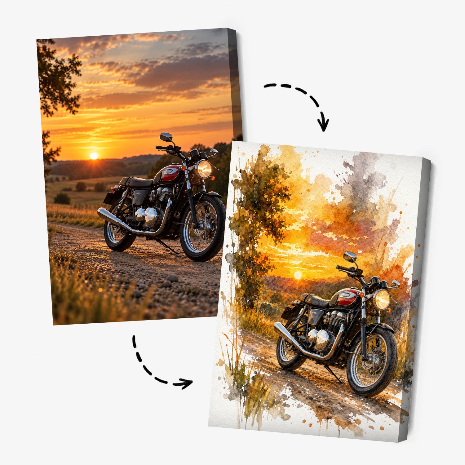 Hochformat-Leinwandbild mit Motorrad im künstlerischen Stil
