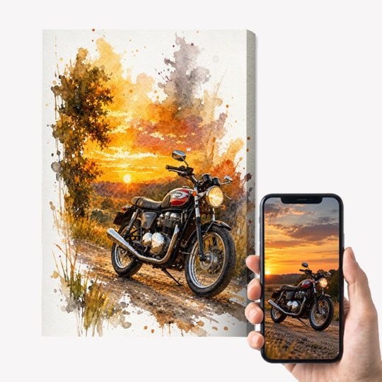 Hochformat-Leinwandbild mit Motorrad im künstlerischen Stil