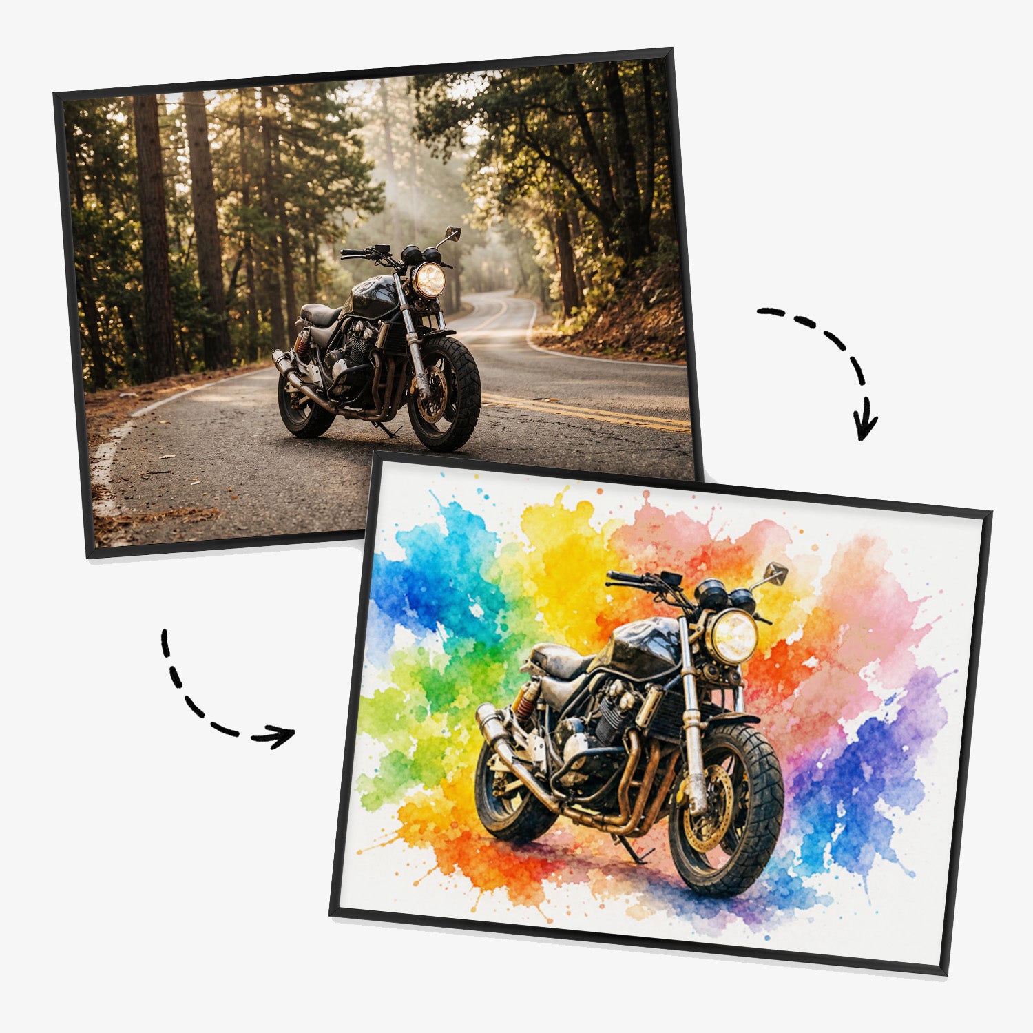 Gerahmtes Querformat-Poster mit Motorrad im künstlerischen Stil