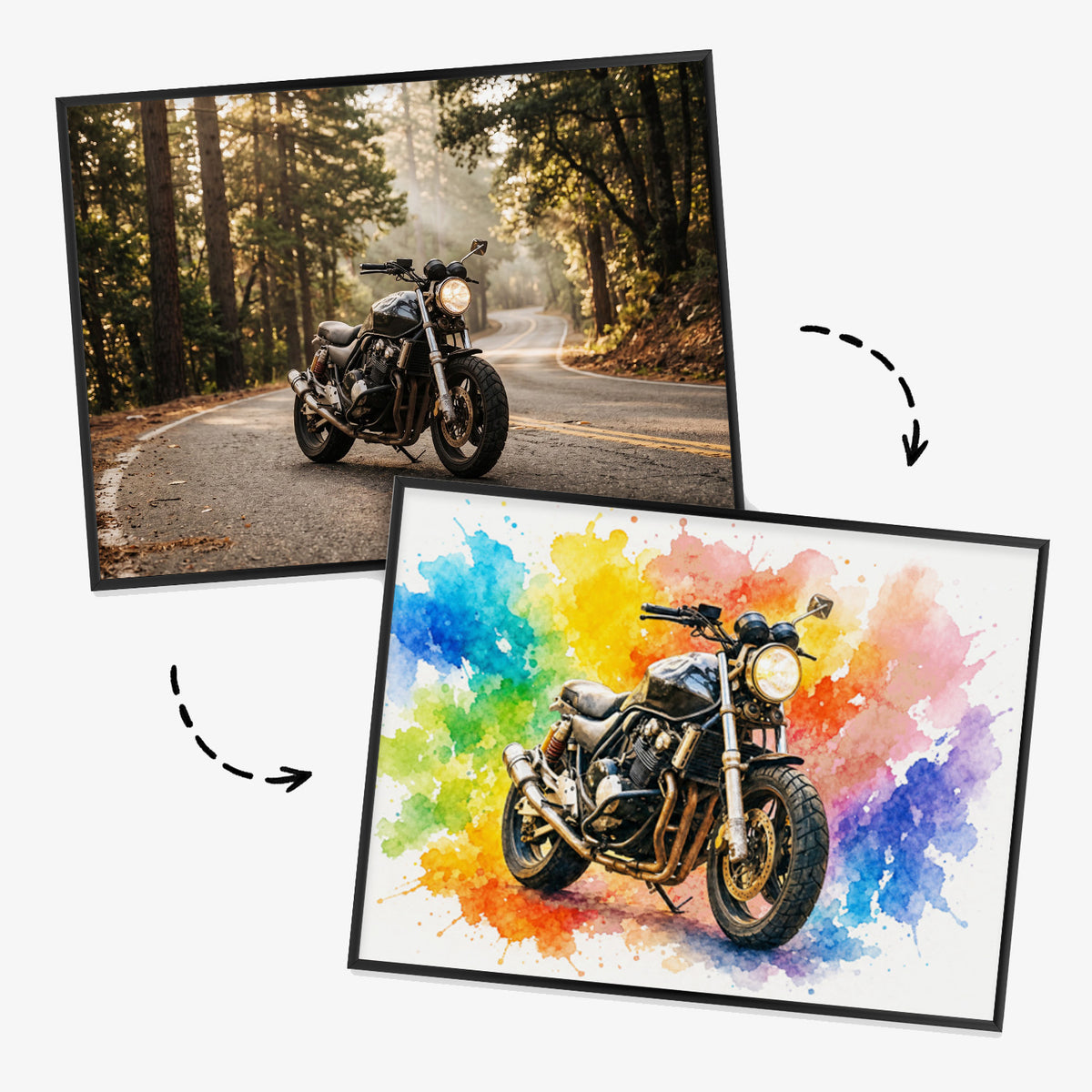 Gerahmtes Querformat-Poster mit Motorrad im künstlerischen Stil