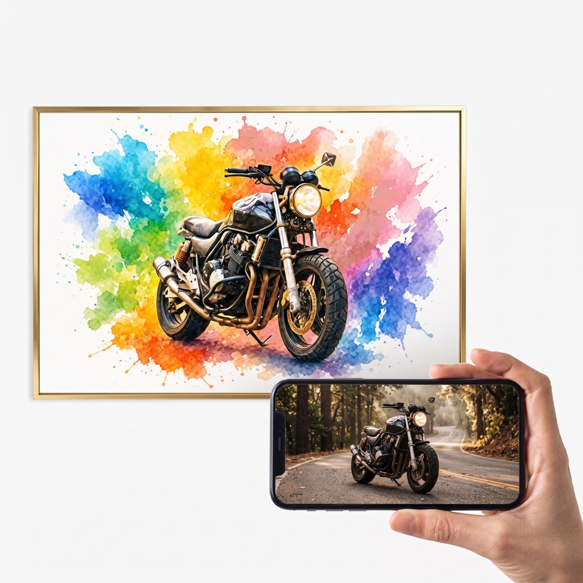 Gerahmtes Querformat-Poster mit Motorrad im künstlerischen Stil